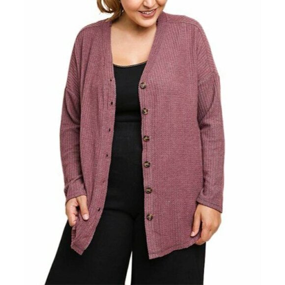 Umgee Womens Sz 1XL Fleece Waffle Knit Button Front Cardigan Sweater Berry Pink - Picture 3 of 8